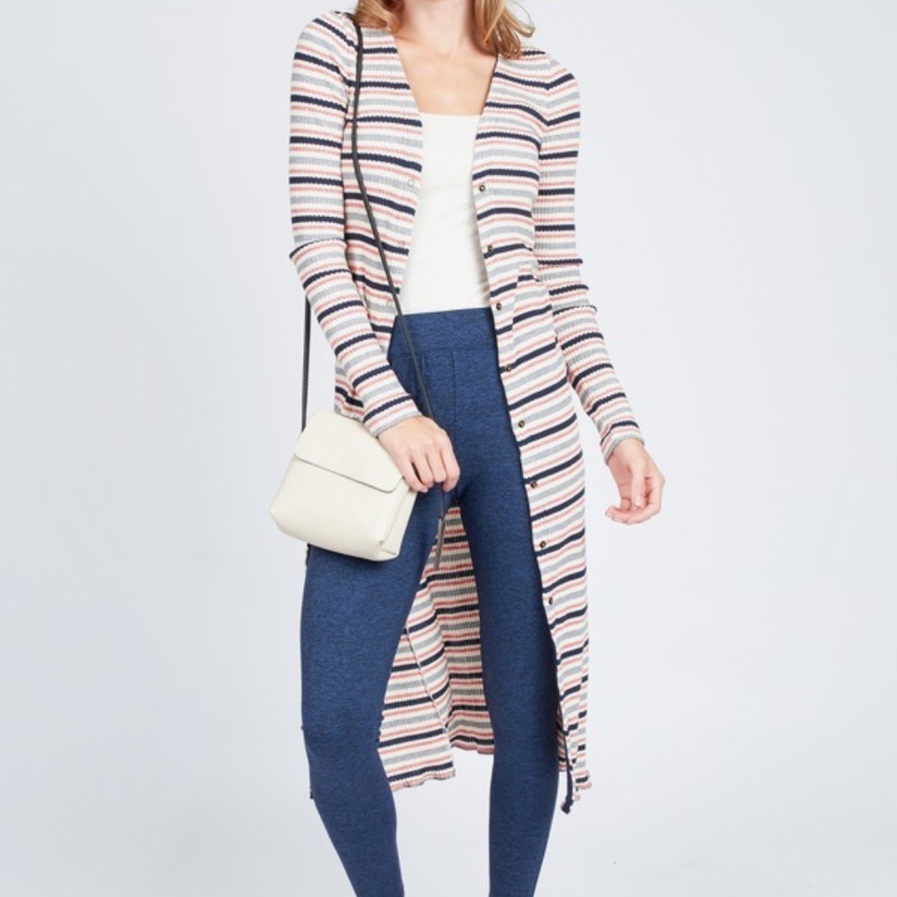 Three Dots Striped Duster Button Front Car…